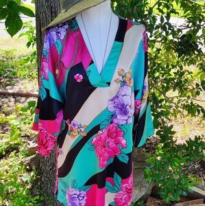 NATORI VINTAGE SZ M VNECK HAWAIAN FLORAL SLIMMING HORIZONTAL DRESS